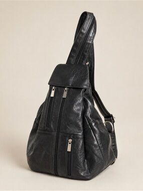 Black Vegan Leather Multi-Zip Sling Backpack
- Minimal Modern Style